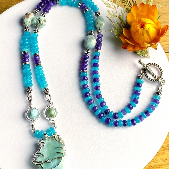 Genuine Larimar with Chalcedony Gemstone Necklace - Picture 1 of 10